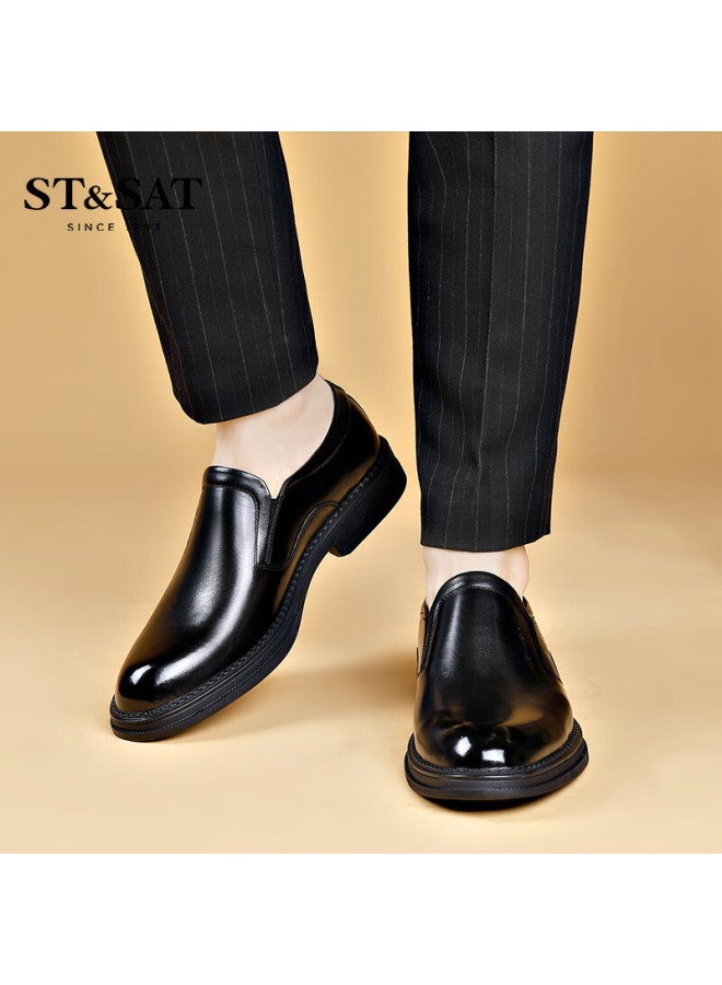 St&sat Men's First Layer Cowhide Business Formal Slip-on Casual Leather Shoes Black Size 42 - Image 4