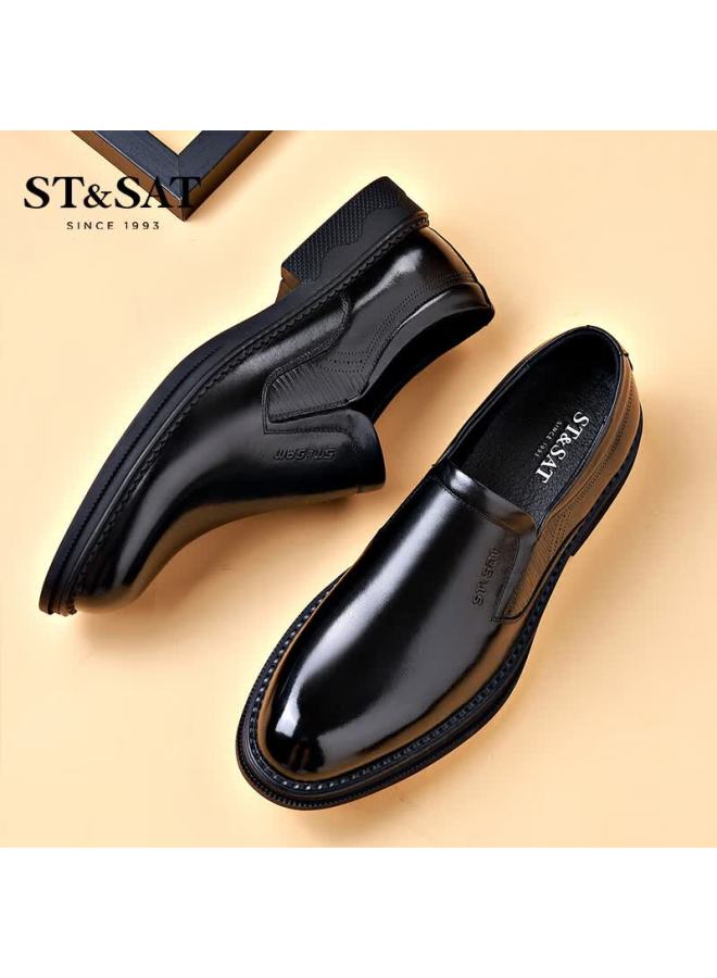 St&sat Men's First Layer Cowhide Business Formal Slip-on Casual Leather Shoes Black Size 42 - Image 5
