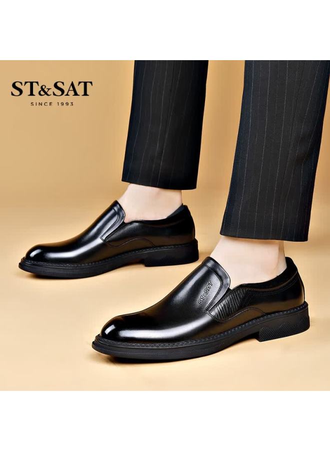 St&sat Men's First Layer Cowhide Business Formal Slip-on Casual Leather Shoes Black Size 42 - Image 3