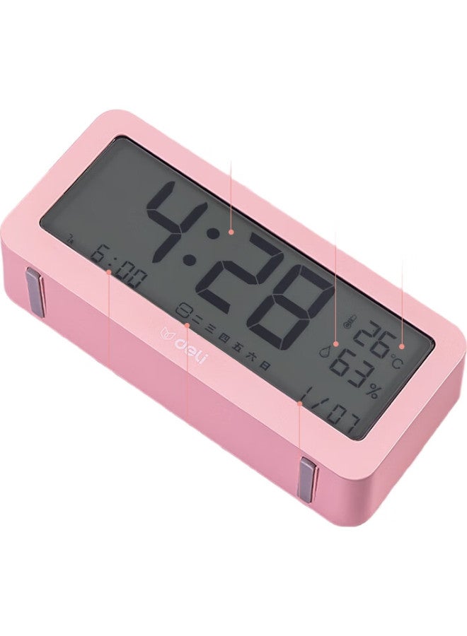Deli Multifunctional Alarm Clock Electronic Clock Simple Student Style Backlit Large Screen Thermohygrometer Time Management Pink 8826 - Image 1