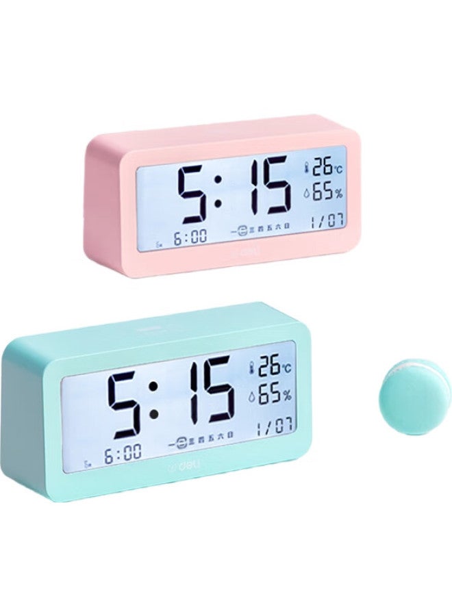 Deli Multifunctional Alarm Clock Electronic Clock Simple Student Style Backlit Large Screen Thermohygrometer Time Management Pink 8826 - Image 3