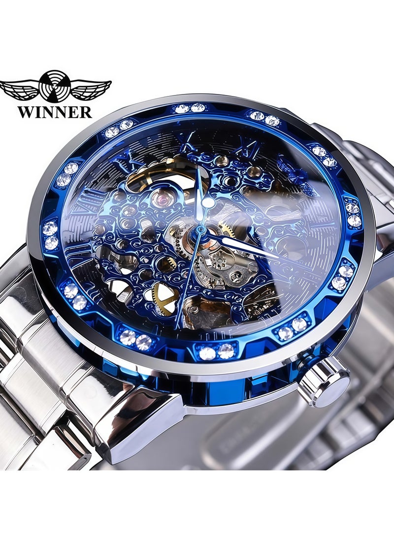 وينر ساعة رجالية أنيقة وعملية بهيكل عظمي يدوي مرصع بأحجار الراين