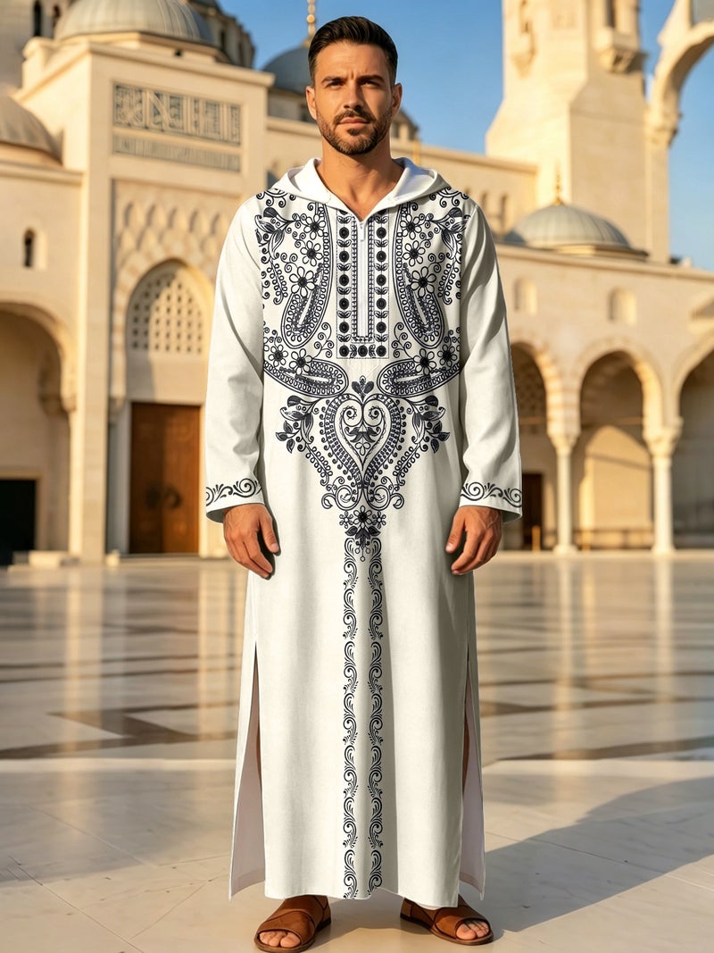 Men's Summer Moroccan Hooded 3D Digital Print Loose Kurta - Image 1