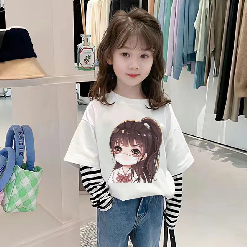 G2367# Girls Cotton Long Sleeve T-Shirt Cuhk Children Fashionable Cartoon Fake Two T-Shirt - Image 2
