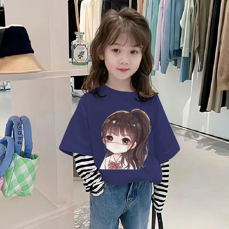 G2367# Girls Cotton Long Sleeve T-Shirt Cuhk Children Fashionable Cartoon Fake Two T-Shirt - Image 3