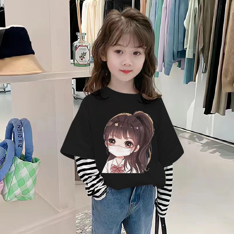 G2367# Girls Cotton Long Sleeve T-Shirt Cuhk Children Fashionable Cartoon Fake Two T-Shirt - Image 1