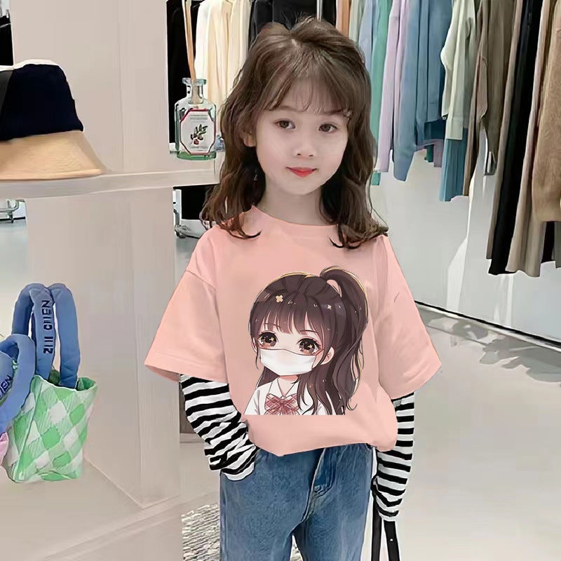 G2367# Girls Cotton Long Sleeve T-Shirt Cuhk Children Fashionable Cartoon Fake Two T-Shirt - Image 4