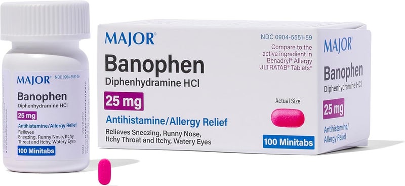 MAJOR Banophen Diphenhydramine HCI 25 mg Minitabs - Temporary Relief from The Symptoms of Hay Fever, Common Cold, and Upper Respiratory Allergies - Antihistamine - Allergy Medicine - 100 Minitabs