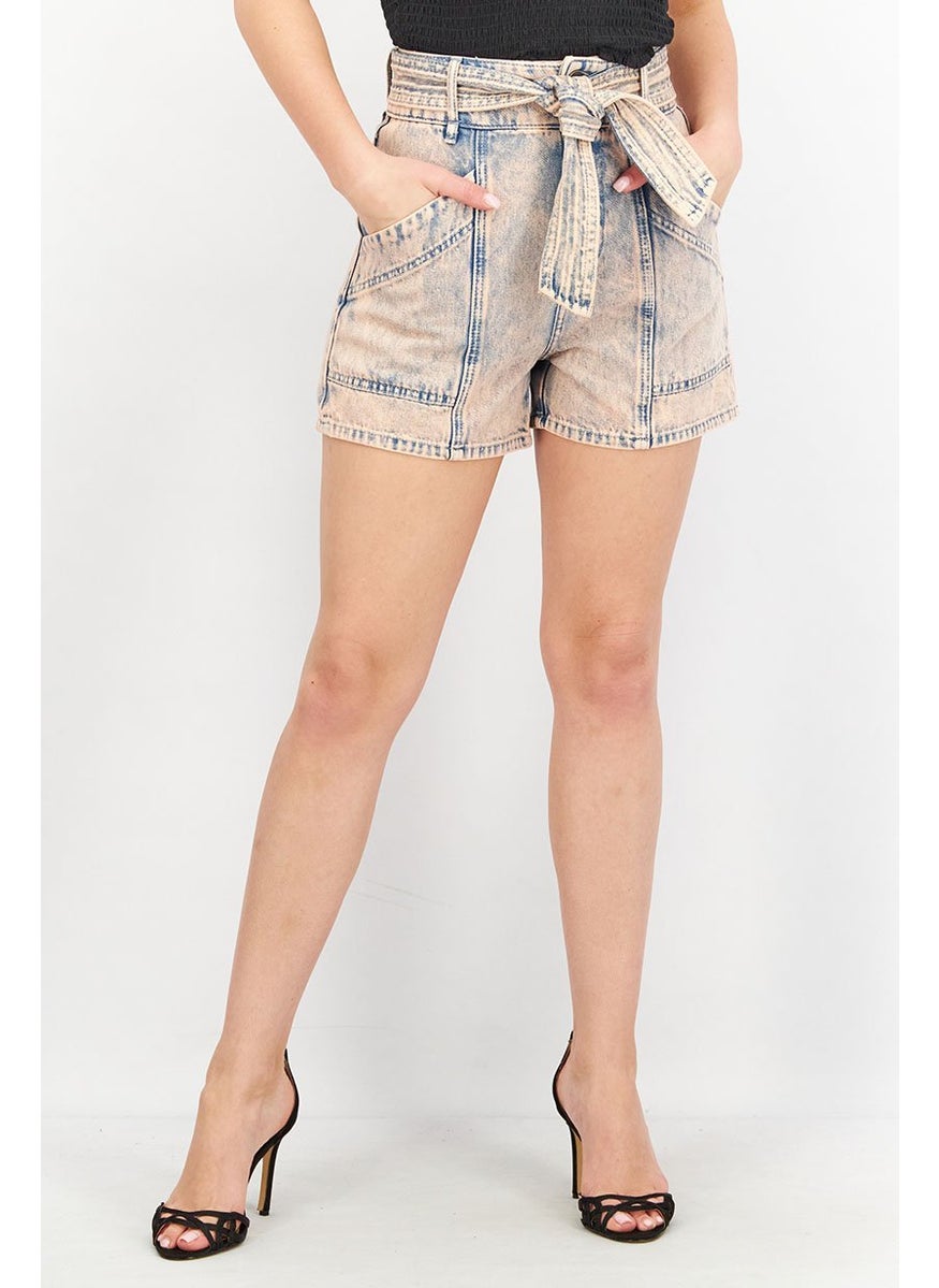 joie - Women Belted Washed Denim Short, Melon and Blue - Image 1