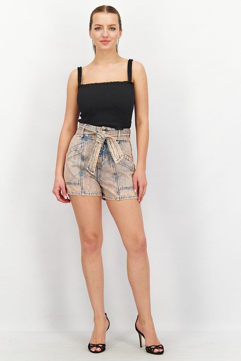 joie Women Belted Washed Denim Short, Melon and Blue  - Image 4