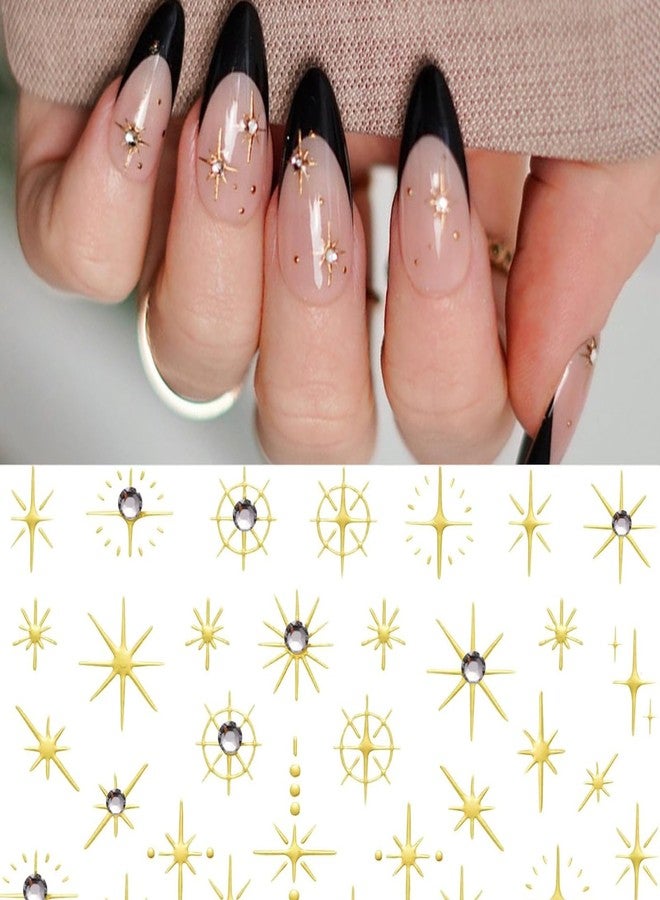 Pretty Diva PrettyDiva Star Nail Stickers - 3D Glitter Shiny Gold Cross Star Nail Stickers, Four-Pointed Star Self-Adhesive Nail Art Stickers Decals with Rhinestone DIY Nail Decals (Gold) - Image 1