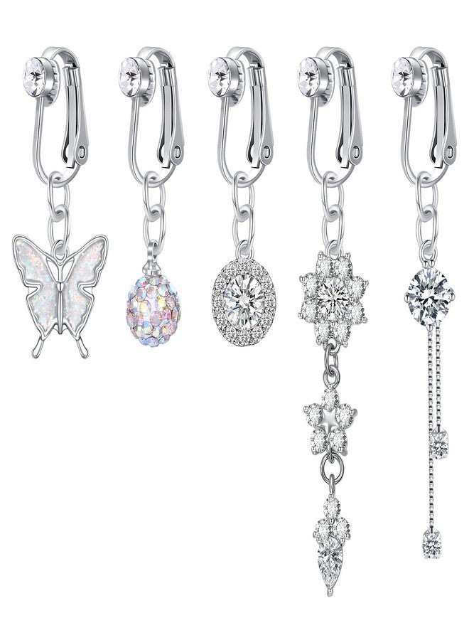 Incaton Fake Belly Ring Clip on Belly Button Rings for Women CZ Dangle Belly Button Rings Butterfly Heart Crown Belly Rings Non Piercing Jewelry 5P - Image 1