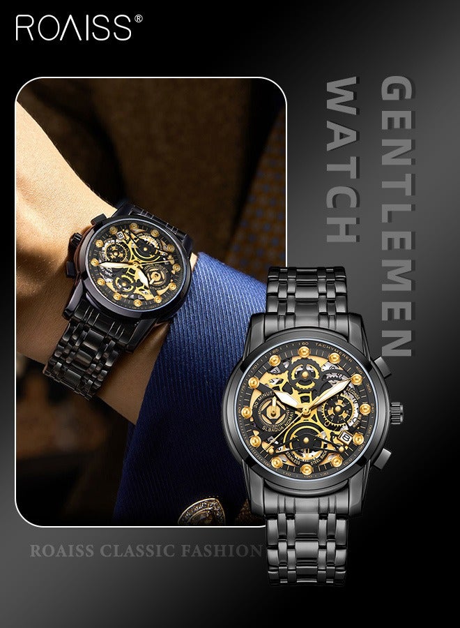 رويس ساعات كرونوغراف رجالية مقاومة للماء، ساعة كوارتز تناظرية، ساعة يد مضيئة مع سوار من الفولاذ المقاوم للصدأ، ساعة كلاسيكية أنيقة متعددة الوظائف كهدية للرجال - Image 1