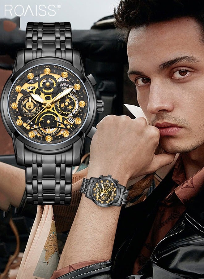 رويس ساعات كرونوغراف رجالية مقاومة للماء، ساعة كوارتز تناظرية، ساعة يد مضيئة مع سوار من الفولاذ المقاوم للصدأ، ساعة كلاسيكية أنيقة متعددة الوظائف كهدية للرجال - Image 2