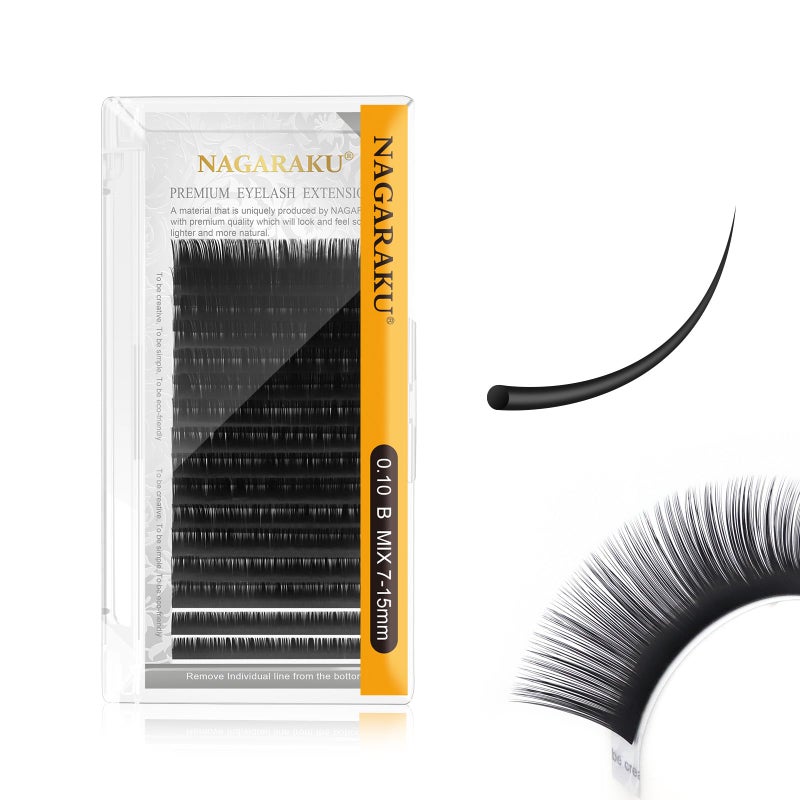 NAGARAKU Eyelash Extensions Individual Lashes 010mm B curl 715mm Mix Tray Classic Matte Black Soft Natural Faux Mink 16 rows