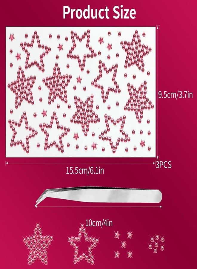 Jacnkb 3 Sheers Acrylic Star Gems Stickers Star Self Adhesive Rhinestones Sticker Pink Face Jewels Stick On Eye Nail Body Crystal Pearls Jewels Sticker Decorative Stickers for Independence Day Make Up - Image 2