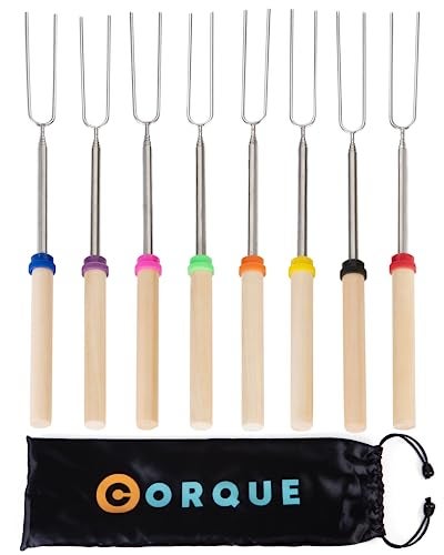CORQUE Marshmallow Roasting Sticks Smores Sticks Extendable Camping Skewer for Fire Pit Wooden Handle 32inch Metal for BBQ Hotdog Cooking Campfires Bonfires Set of 8