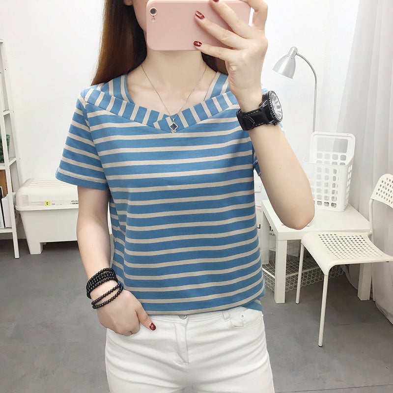 Striped T-shirt Women's Short-sleeved Cotton Summer 2023 New Korean-style Loose Slimming Middle-aged Mother All-match ins Top - Image 5