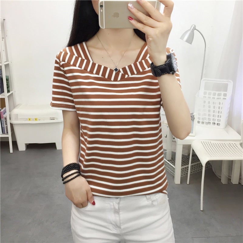 Striped T-shirt Women's Short-sleeved Cotton Summer 2023 New Korean-style Loose Slimming Middle-aged Mother All-match ins Top - Image 1