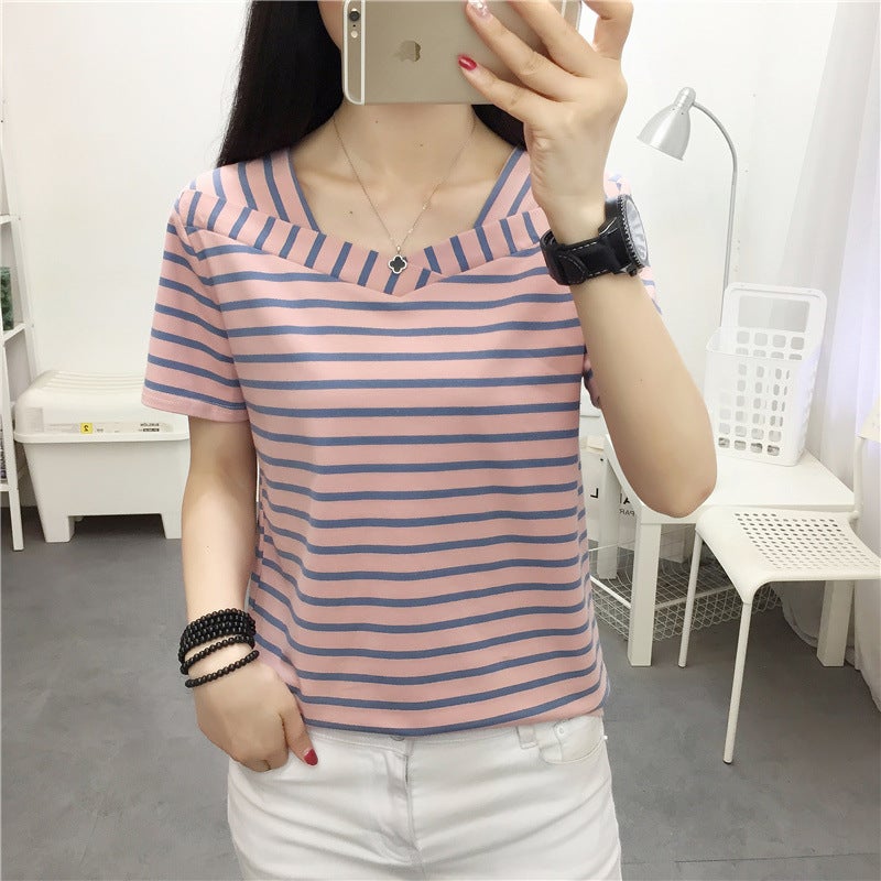 Striped T-shirt Women's Short-sleeved Cotton Summer 2023 New Korean-style Loose Slimming Middle-aged Mother All-match ins Top - Image 2
