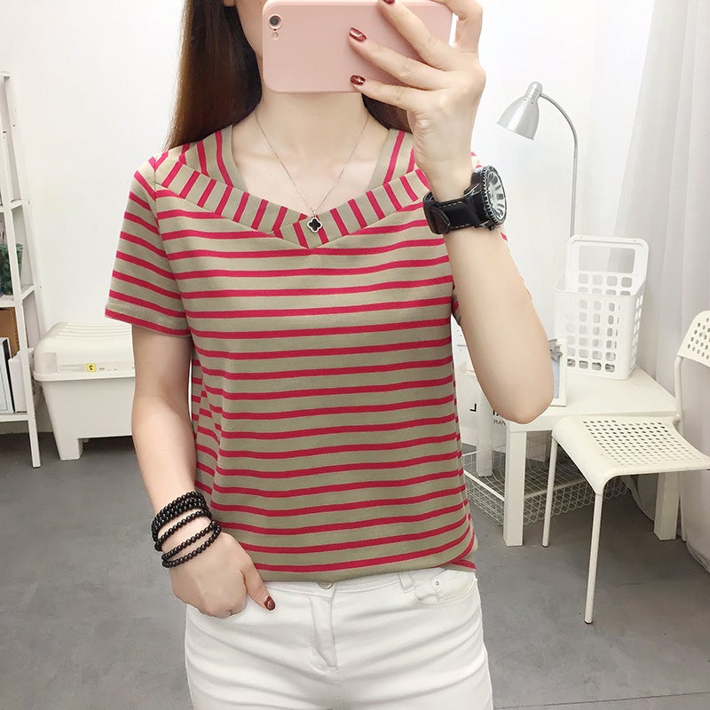 Striped T-shirt Women's Short-sleeved Cotton Summer 2023 New Korean-style Loose Slimming Middle-aged Mother All-match ins Top - Image 3