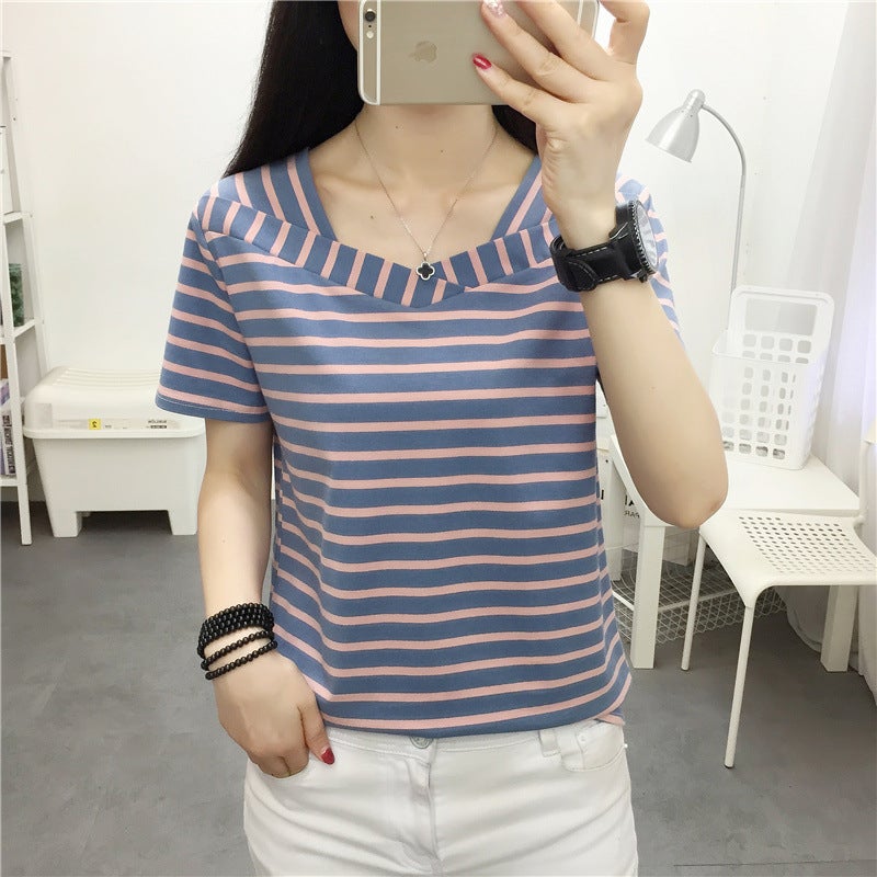Striped T-shirt Women's Short-sleeved Cotton Summer 2023 New Korean-style Loose Slimming Middle-aged Mother All-match ins Top - Image 4
