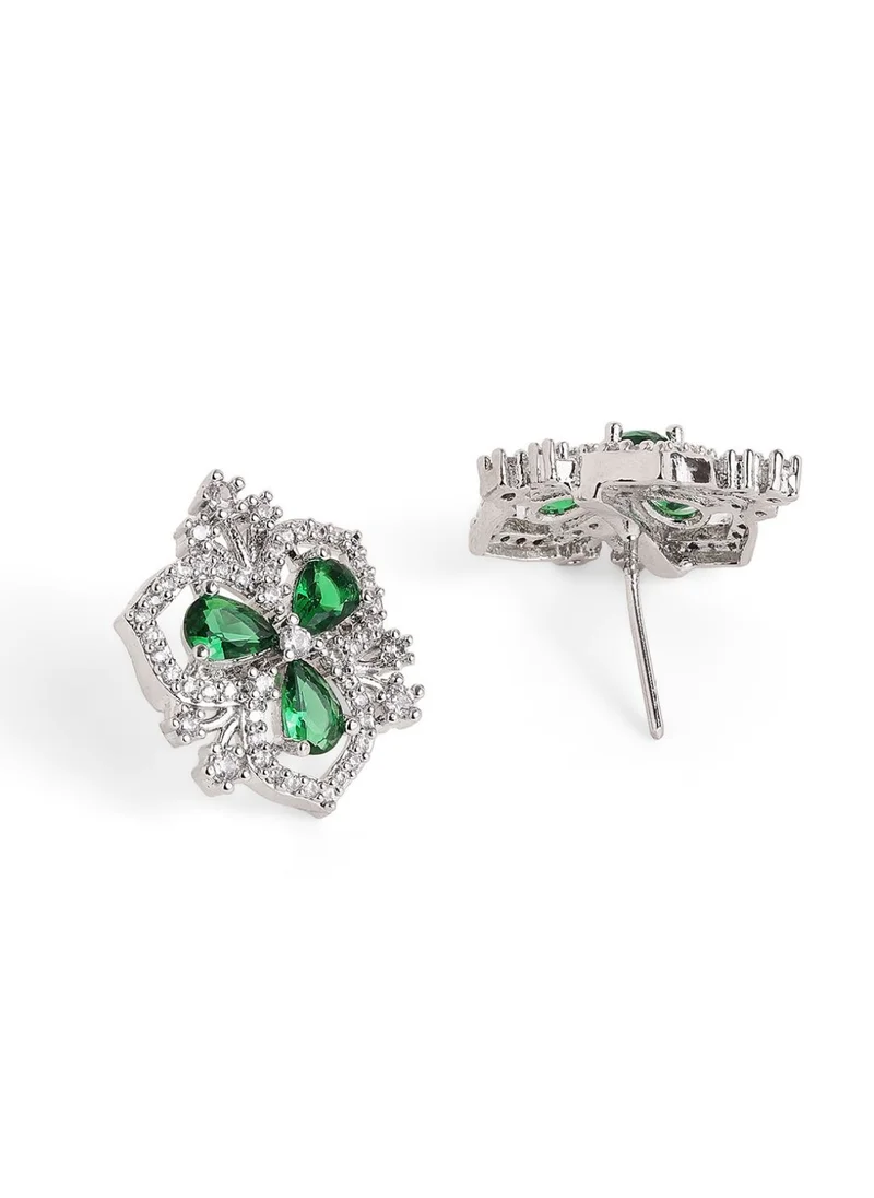 Priyaasi Plated Floral Shaped American Diamond  Emerald Studded Earrings