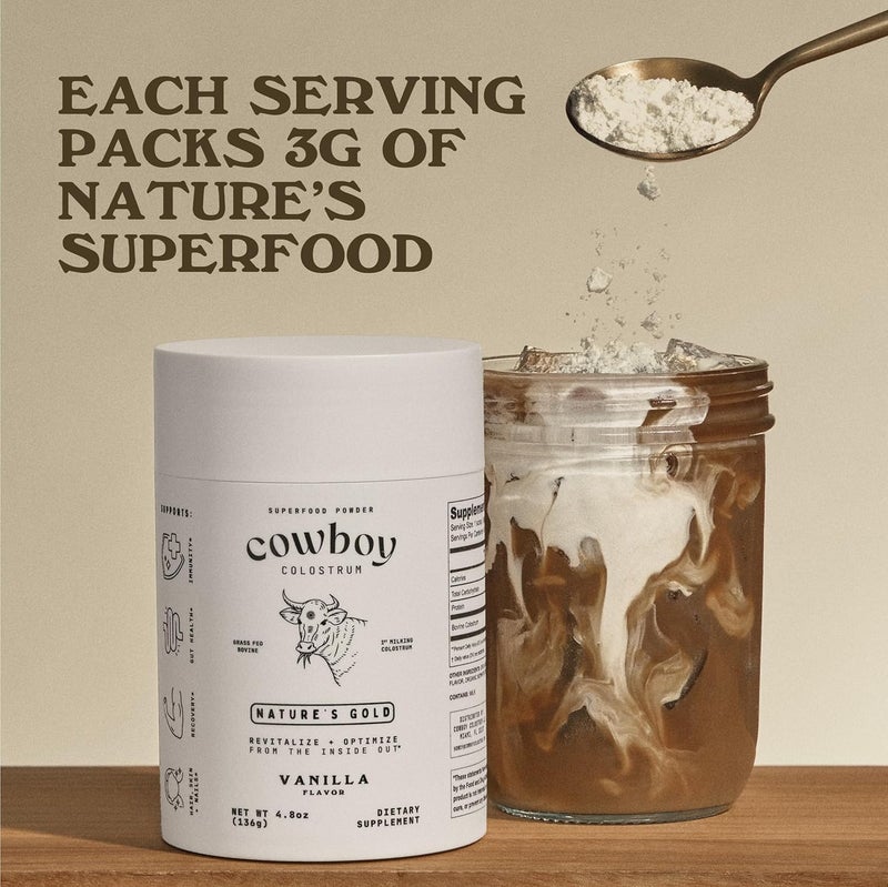 COWBOY COLOSTRUM مسحوق كولستروم البقر للنساء والرجال - أول حلب كامل الكولستروم - مكمل كولستروم من الأبقار التي تتغذى على العشب لصحة الأمعاء والمناعة والبشرة والشعر - بدون نكهة - 40 حصة - Image 2