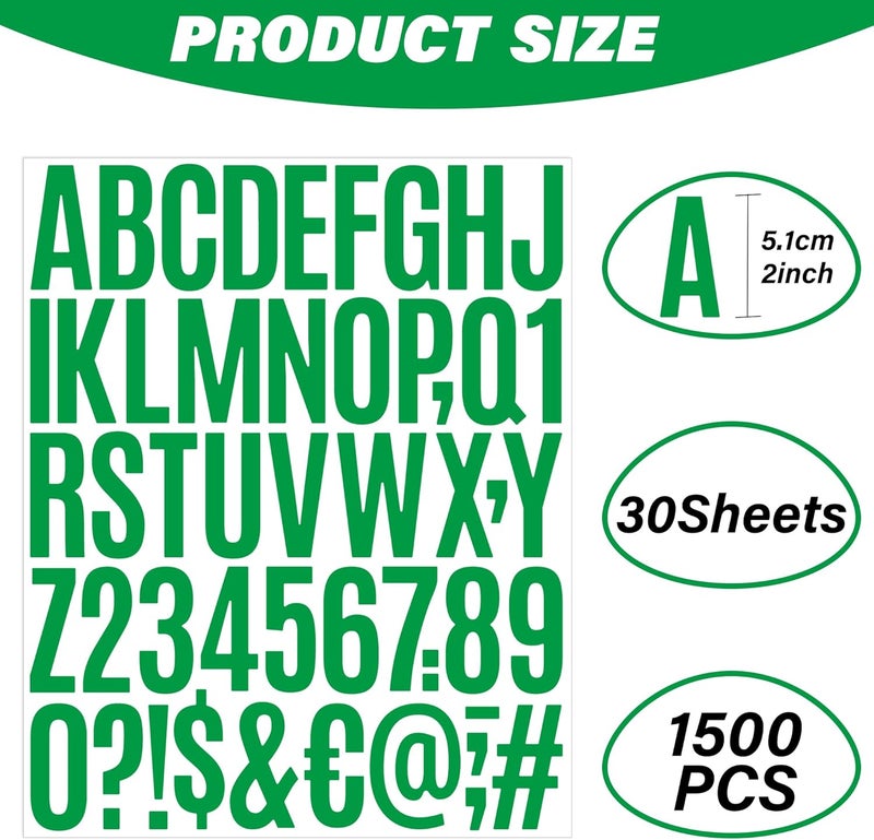 Metsyth Letter Stickers 30 Sheets 1500 PCS Large Alphabet Sticker 2 Inch Vinyl Self Adhesive Stick on Stickers for Water Bottles Cup Mailbox Number Address Craft Scrapbooking Bulletin Board Decor Green - Image 2
