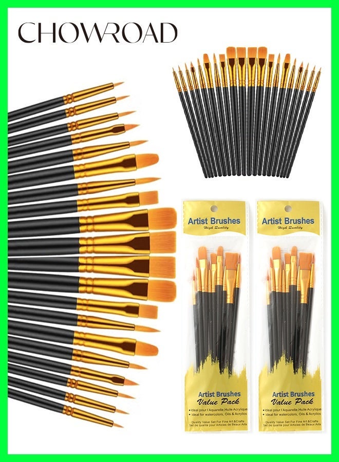 CHOWROAD 2 Pack 20 Pcs Round Pointed Tip Paintbrushes Nylon Hair Artist Acrylic Paint Brushes for Acrylic Oil Watercolor, Face Nail Art, Miniature Detailing & Rock Painting (Black) - Image 1