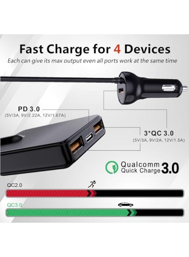 Car Charger Adapter QC 3.0 & PD 20W, USB C Car Phone Charger, 74W Cigarette Lighter Adapter with 4 Fast Charging Ports, 2 Meters Extended Cable, 12V Lighter Socket Plug for iPhone, iPad,Samsung,Huawei - Image 3