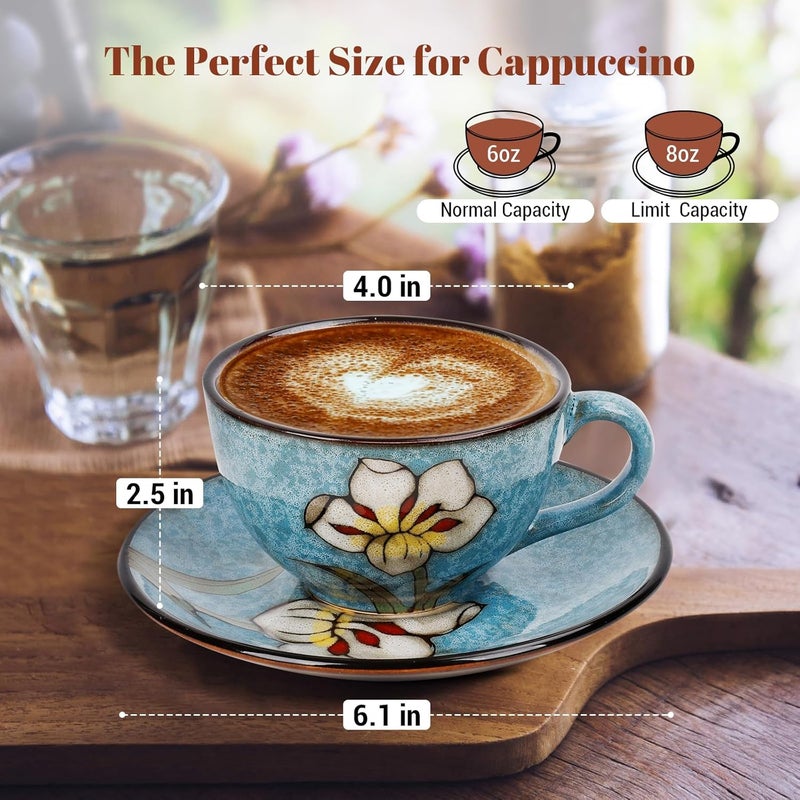 Katathani Cappuccino Cups Set of 4 8 Oz Ceramic Coffee Cups with Saucers for Espresso Tea Latte  HandPainted Porcelain Underglaze Design - Image 2