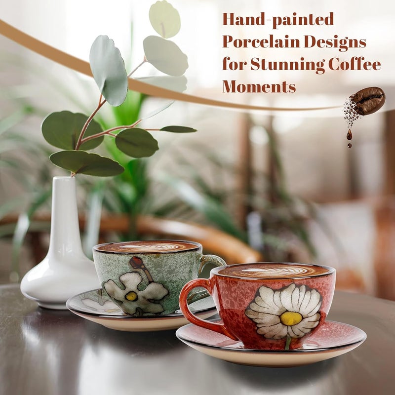 Katathani Cappuccino Cups Set of 4 8 Oz Ceramic Coffee Cups with Saucers for Espresso Tea Latte  HandPainted Porcelain Underglaze Design - Image 3
