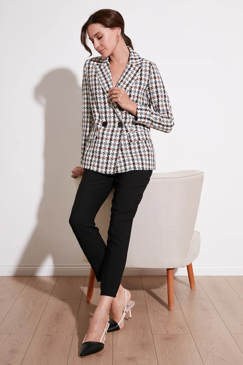 Lela Regular Fit Double Breasted Collar Tweed Blazer Jacket Women's Jacket 611CE0310