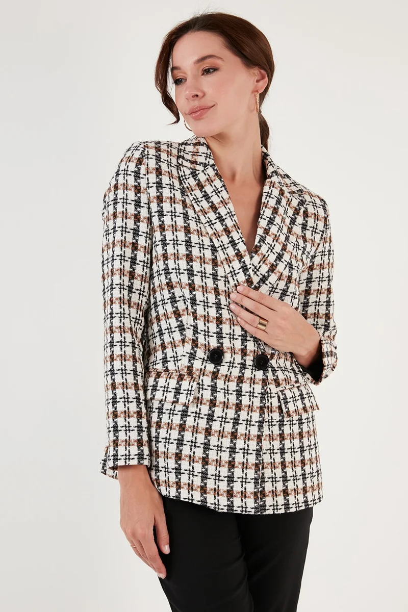 Lela Regular Fit Double Breasted Collar Tweed Blazer Jacket Women's Jacket 611CE0310