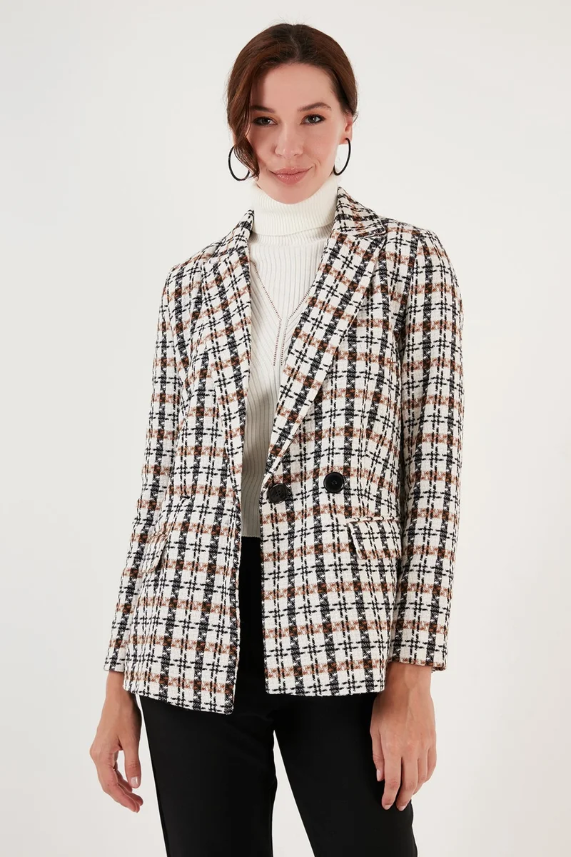 Lela Regular Fit Double Breasted Collar Tweed Blazer Jacket Women's Jacket 611CE0310