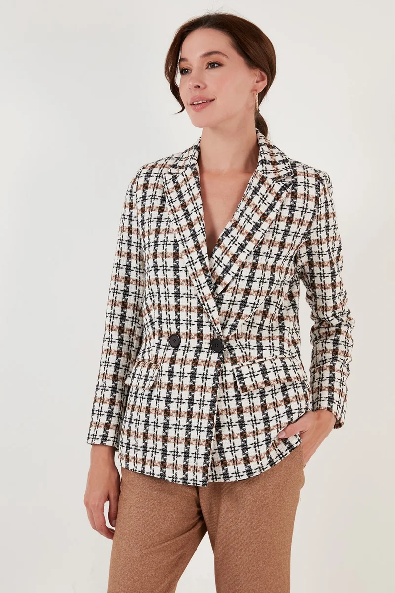 Lela Regular Fit Double Breasted Collar Tweed Blazer Jacket Women's Jacket 611CE0310