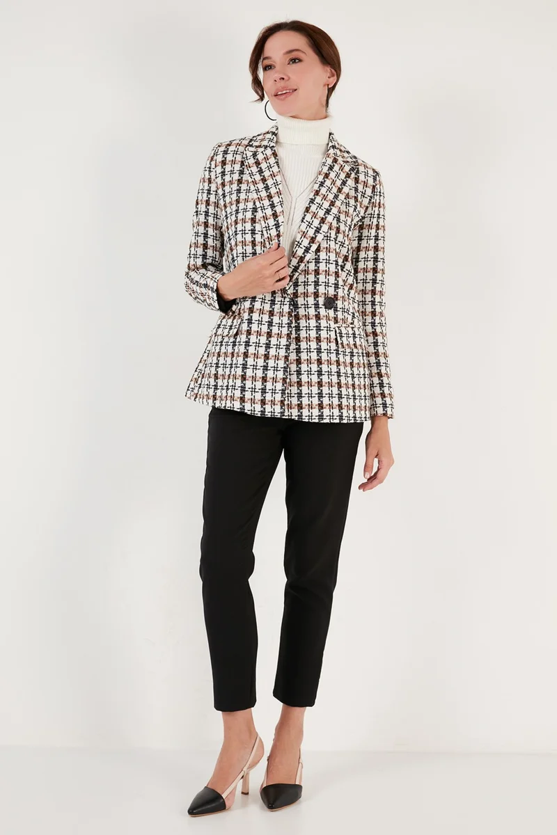 Lela Regular Fit Double Breasted Collar Tweed Blazer Jacket Women's Jacket 611CE0310