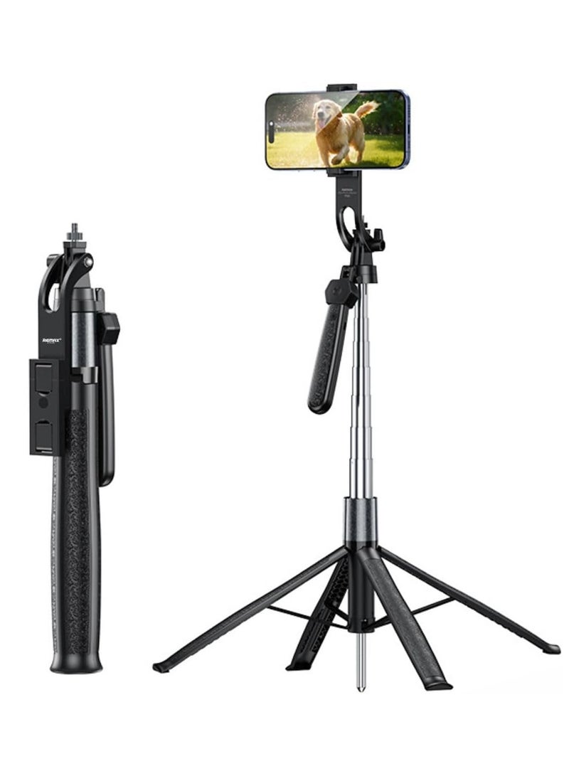 Remax Mena Phone Tripod Stand 360 Rotatory Gimbal For iPhone Samsung Xiaomi Huawei Foldable Phone Holder Universal Travel Tripode Stand for Live Streaming, 1.8 Meters (Black) - Image 1