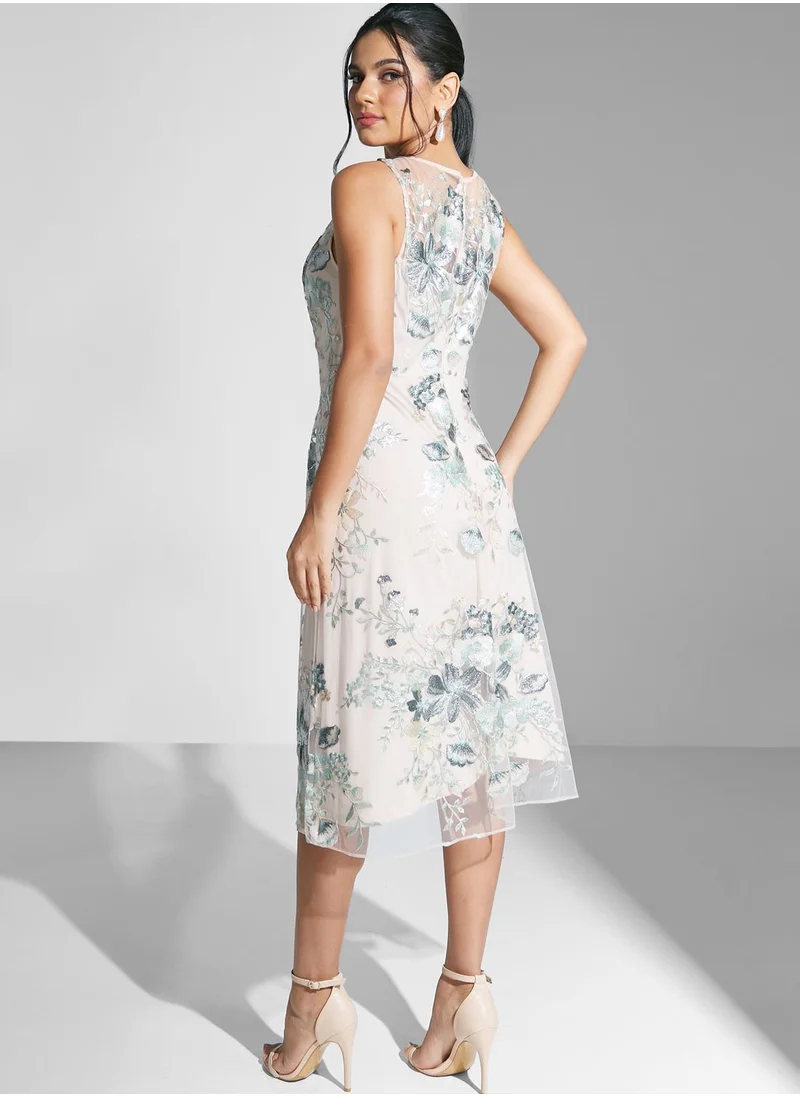 Adrianna Papell Mesh Tiered Embellished Dress