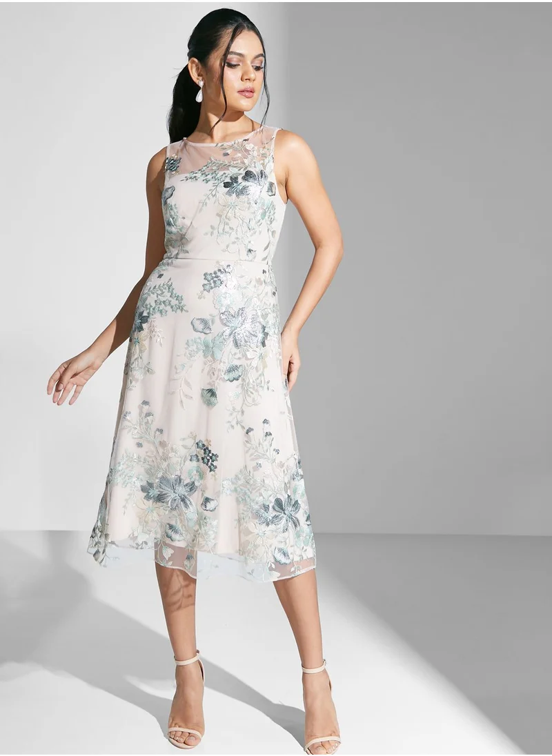 Adrianna Papell Mesh Tiered Embellished Dress