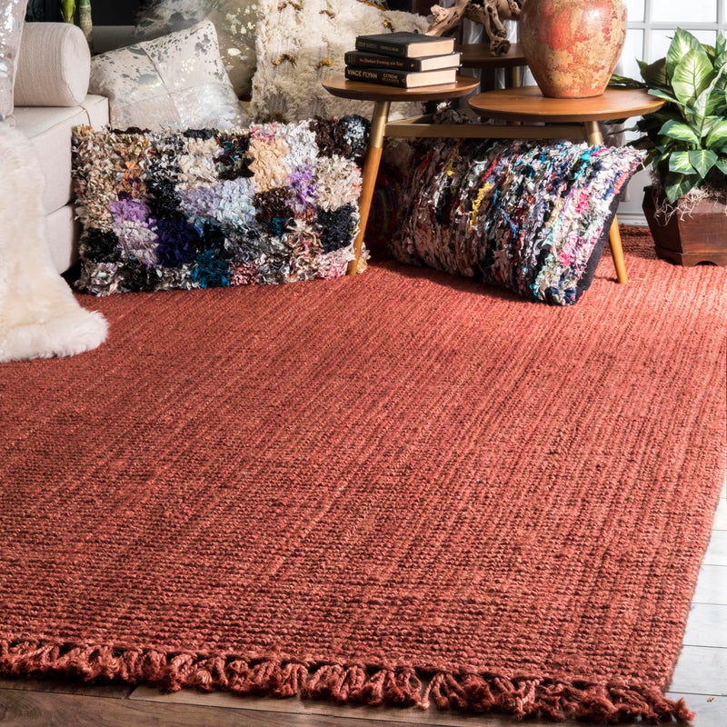 nuLOOM 3x5 Daniela Jute Tassel Hand Woven Area Rug Brick Solid Chunky Farmhouse Design Natural Fiber For Bedroom Dining Room Living Room Hallway Office Entryway