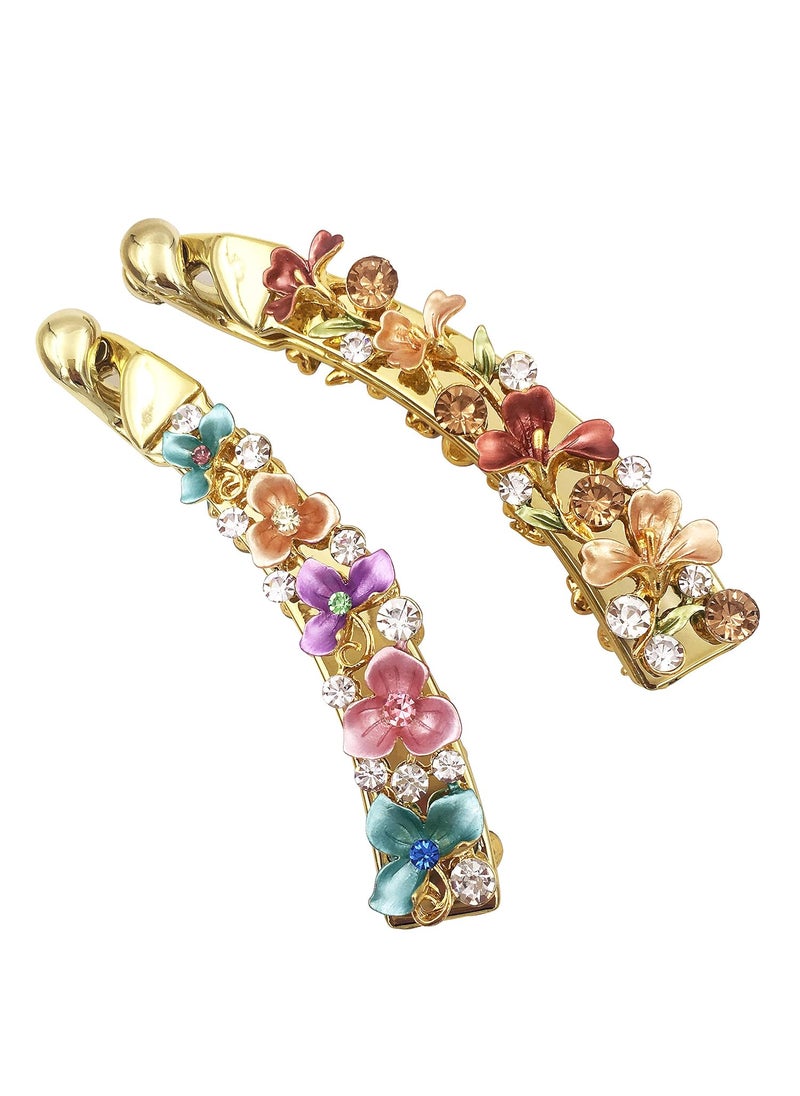 Lizzie Kay 2PCS Floral Rhinestone Banana Hair Clip Claw Ponytail Holder Maker Styling for Women 