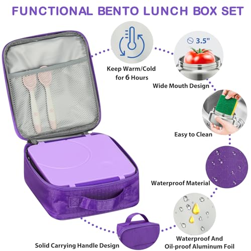 Howeemo Bento Lunch Box Set for Kids with 8oz Soup Thermo, Leak-Proof Lunch Containers with 4 Compartment, Kids Thermo Hot Food Jar and Insulated Lunch Bag for Kid to School-Purple - Image 2