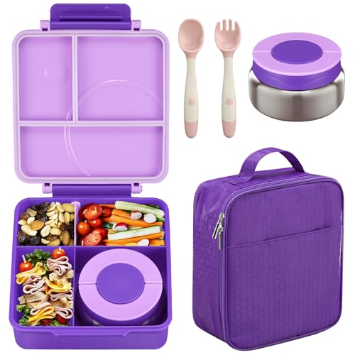 Howeemo Bento Lunch Box Set for Kids with 8oz Soup Thermo, Leak-Proof Lunch Containers with 4 Compartment, Kids Thermo Hot Food Jar and Insulated Lunch Bag for Kid to School-Purple - Image 1