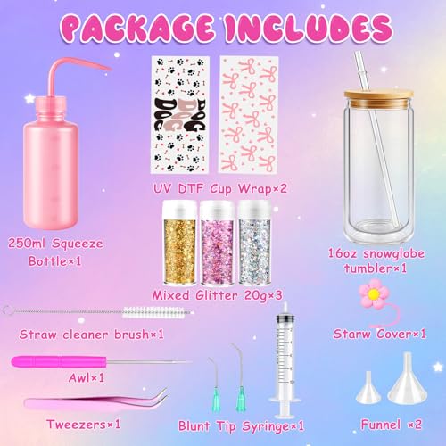 kiddgroo Snow Globe Tumbler Supplies ，16 Pcs DIY Glitter Snowglobe Cup Set– Includes 16oz Double-Wall Acrylic Tumbler, UV DTF Wraps, Craft Glitter, and DIY Tools - Image 4