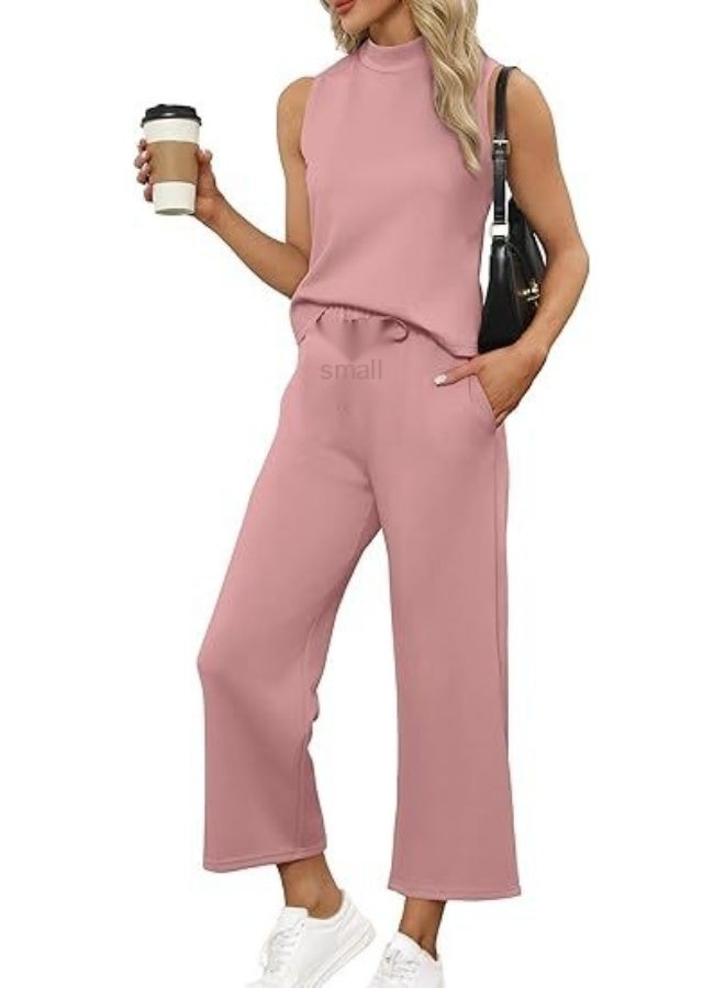 NIBEMINENT Two Piece Sets for Women Summer Outfits Lounge Sets Mock Neck Tops Wide Leg Crop Pants Vacation Travel Outfits - Image 1