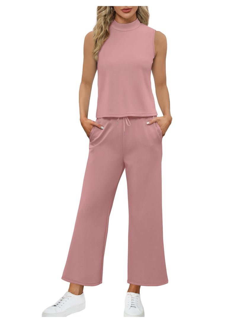 NIBEMINENT Two Piece Sets for Women Summer Outfits Lounge Sets Mock Neck Tops Wide Leg Crop Pants Vacation Travel Outfits - Image 3