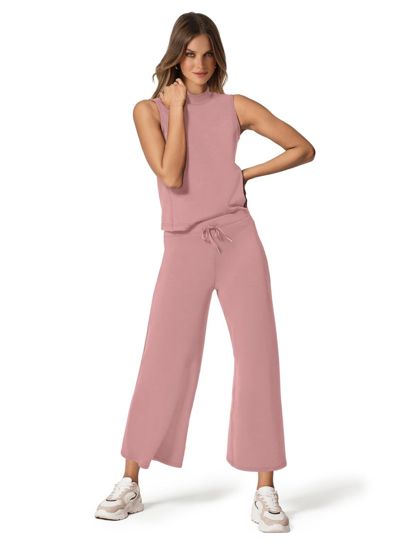 NIBEMINENT Two Piece Sets for Women Summer Outfits Lounge Sets Mock Neck Tops Wide Leg Crop Pants Vacation Travel Outfits - Image 2