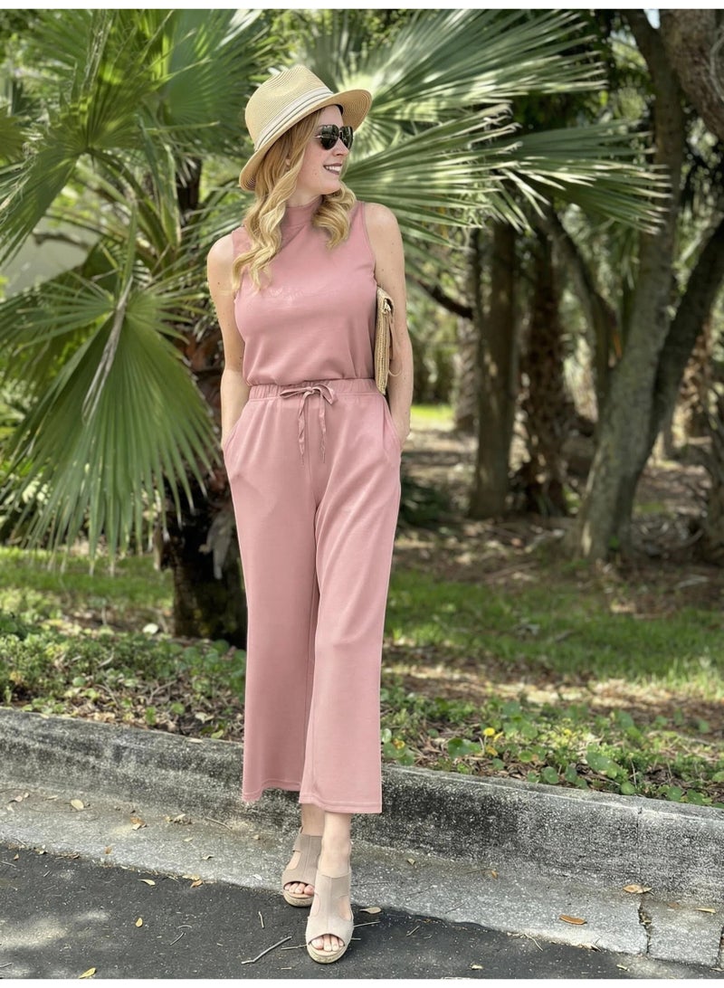 NIBEMINENT Two Piece Sets for Women Summer Outfits Lounge Sets Mock Neck Tops Wide Leg Crop Pants Vacation Travel Outfits - Image 4